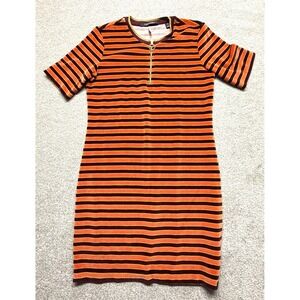 Scotch Soda Maison Striped Velvet Zip Neck Dress Orange Burgundy M